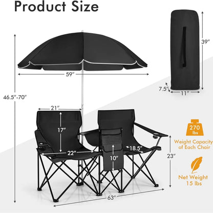 COSTWAY Double Portable Picnic Chairs, Folding Camping Chairs W/Detachable Umbrella, Cooler Bag, Cup Holders, Patio Beach Camping Chairs for Outdoors Football Baseball Season