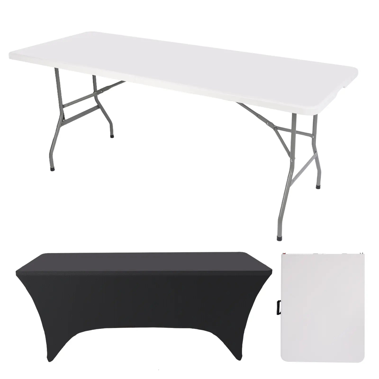 FWTI DEAL 6 Feet Foldable Table (6Ft Folding Table & Tablecloth Set: ZB-6FT), Built in Carrying Handle & Alloy Steel Legs, Heavy Duty Portable for Party, Dining, Wedding, Events, Picnic, Indoor, Outdoor, Camping, Utility - White