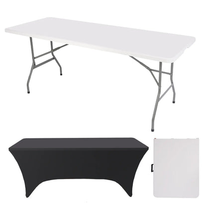 FWTI DEAL 6 Feet Foldable Table (6Ft Folding Table & Tablecloth Set: ZB-6FT), Built in Carrying Handle & Alloy Steel Legs, Heavy Duty Portable for Party, Dining, Wedding, Events, Picnic, Indoor, Outdoor, Camping, Utility - White