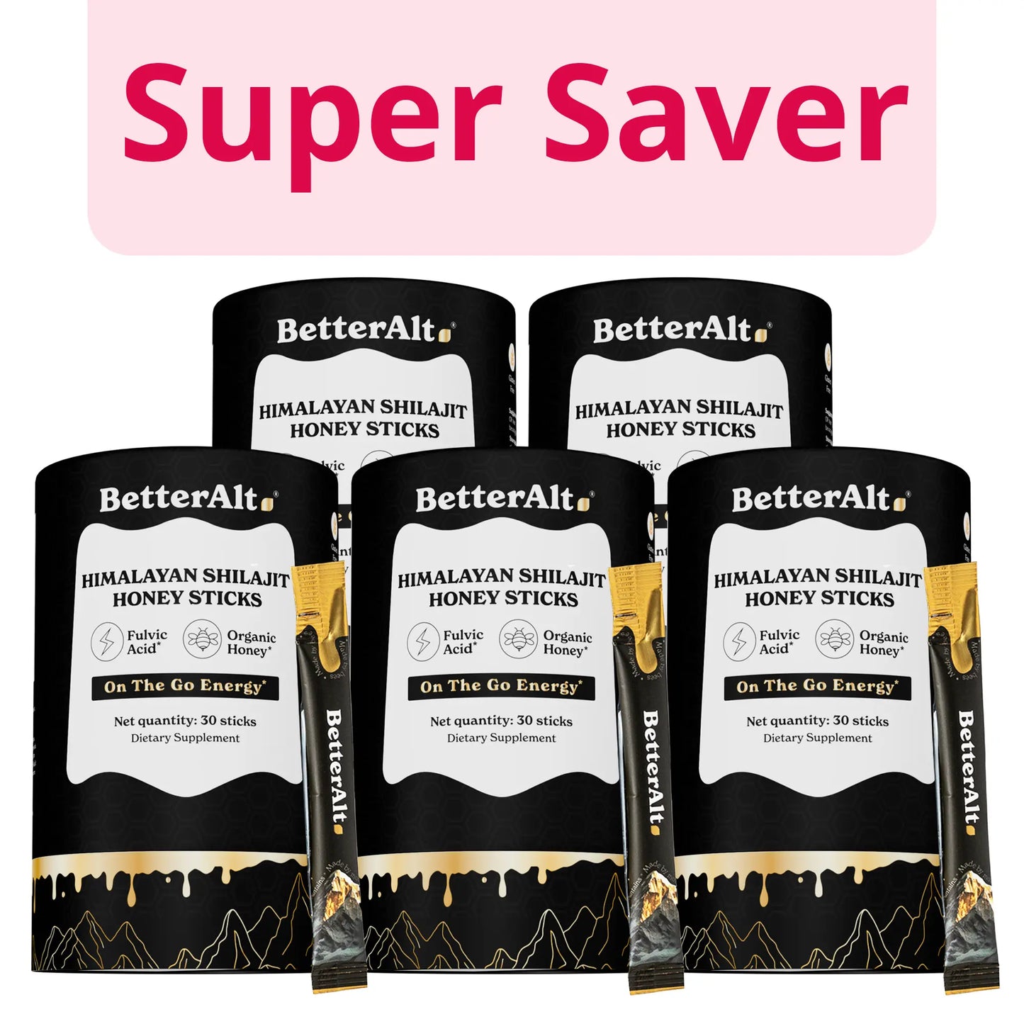 Betteralt GOLD+ Shilajit Honey Sticks | Lab-Tested for Purity | Shilajit, Honey & Saffron | 85 Minerals & 75% Fulvic Acid for Energy & Stamina | 30N