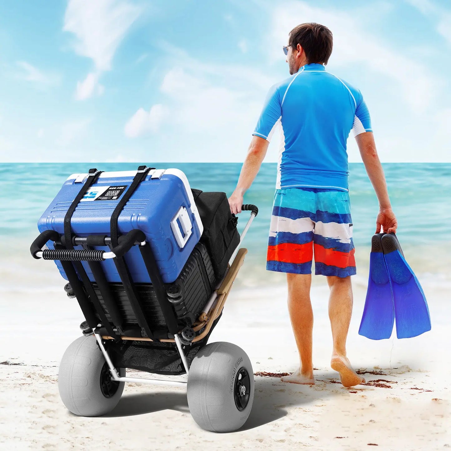 VEVOR Beach Dolly with Big Wheels for Sand, Summervibes,Summervibes, 29.9" X 15.4" Cargo Deck, W/ 12" BIG Wheels, 165LBS Loading Capacity Folding Sand Cart & 27" to 44.7" Adjustable Height, Heavy Duty Cart for Beach VEVOR Super Brand Day