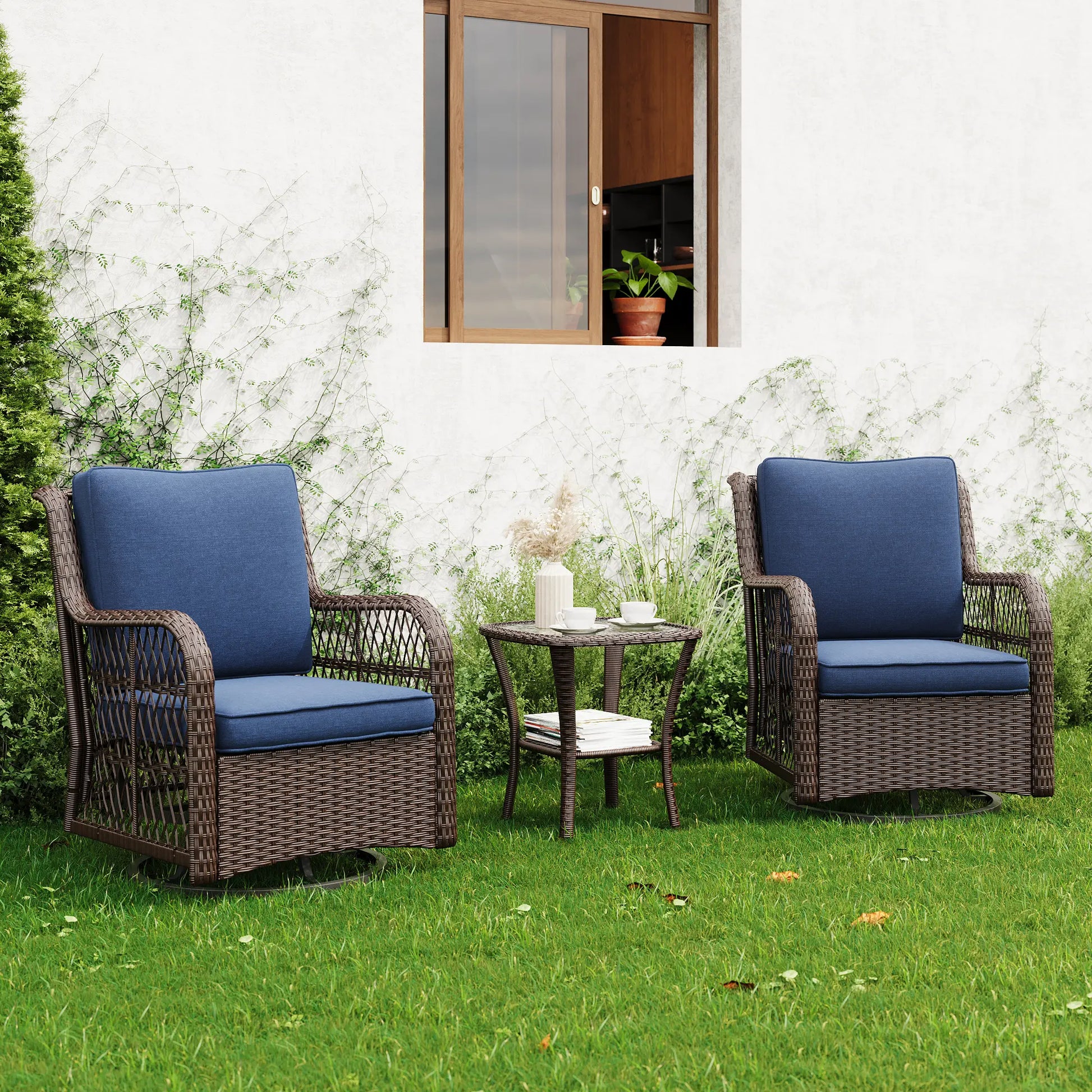 Swivel Patio Furniture Set, 3 Piece Patio Set of 2 with 2-Tier Tempered Glass Top Side Table, Outdoor Wicker Bistro Set for Porch, Balcony, Backyard