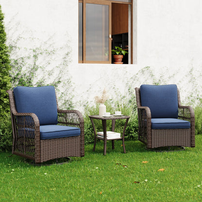 Swivel Patio Furniture Set, 3 Piece Patio Set of 2 with 2-Tier Tempered Glass Top Side Table, Outdoor Wicker Bistro Set for Porch, Balcony, Backyard