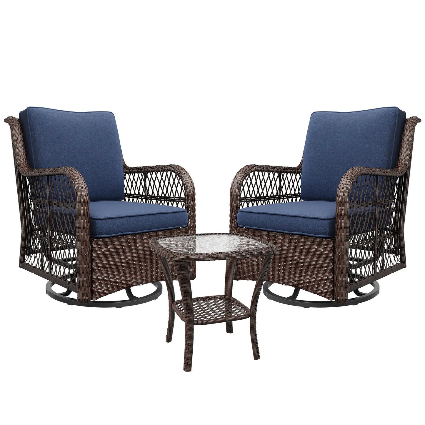 Swivel Patio Furniture Set, 3 Piece Patio Set of 2 with 2-Tier Tempered Glass Top Side Table, Outdoor Wicker Bistro Set for Porch, Balcony, Backyard