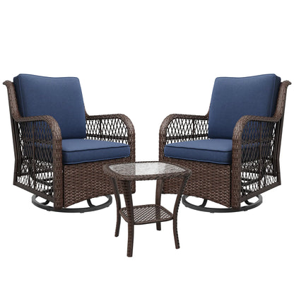 Swivel Patio Furniture Set, 3 Piece Patio Set of 2 with 2-Tier Tempered Glass Top Side Table, Outdoor Wicker Bistro Set for Porch, Balcony, Backyard