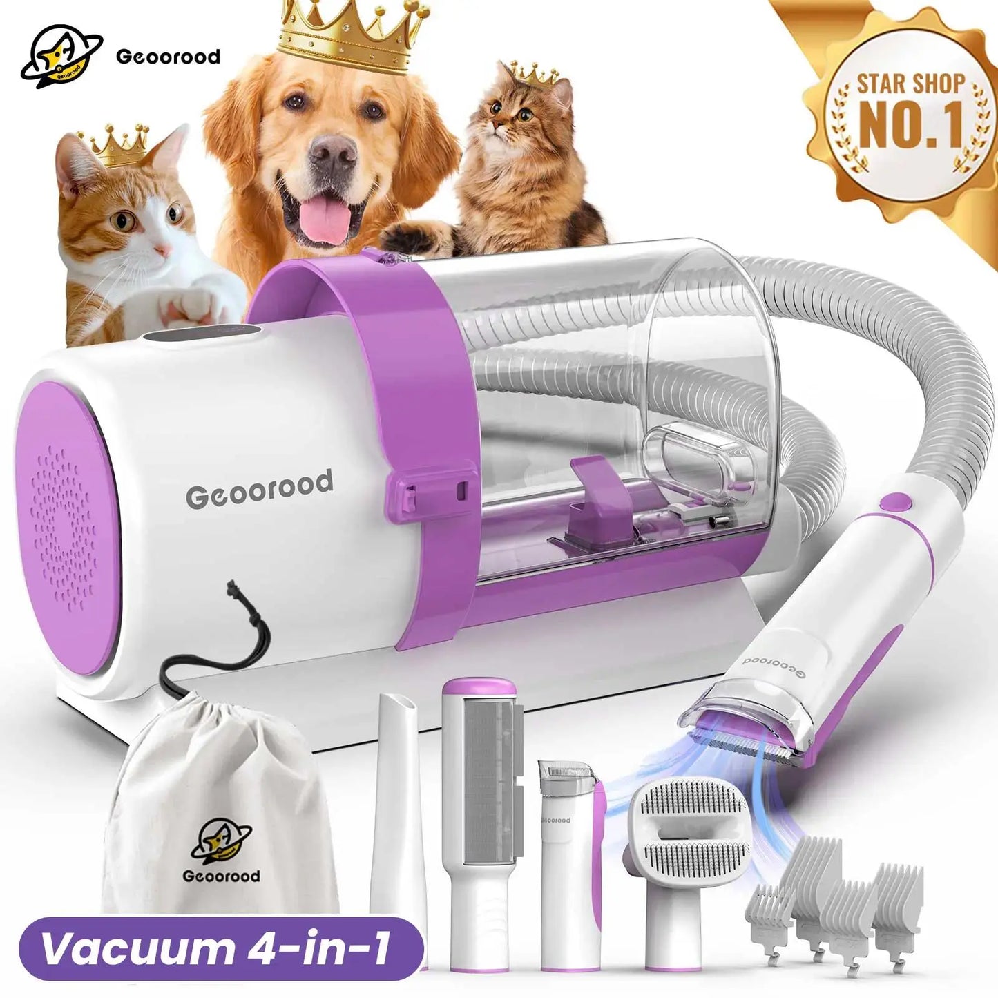 【Geoorood】 Geoorood Dog Grooming All-In-One Kit with Vacuum Brush 2.5L Large Pog, Stainless Steel Blades Lightweight Design 13Kpa Suction Force Portable Cleaning Set #Summervibes #Petlovers