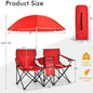 COSTWAY Double Portable Picnic Chairs, Folding Camping Chairs W/Detachable Umbrella, Cooler Bag, Cup Holders, Patio Beach Camping Chairs for Outdoors Football Baseball Season