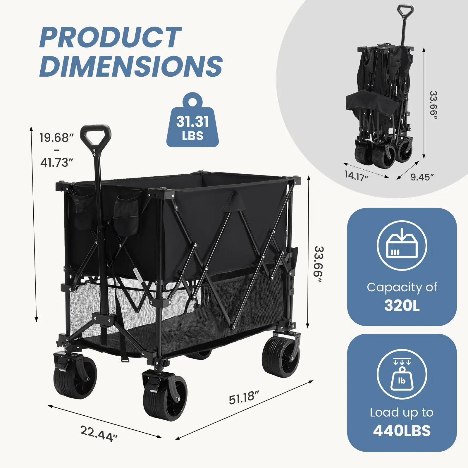 Sweetcrispy 320L Outdoor Folding Double-Decker Wagon with Brakes, 440 Lbs Capacity, Flexible Handle, All-Terrain Big Wheels, Compact Pack & Foldable Size for Grocery, Camping
