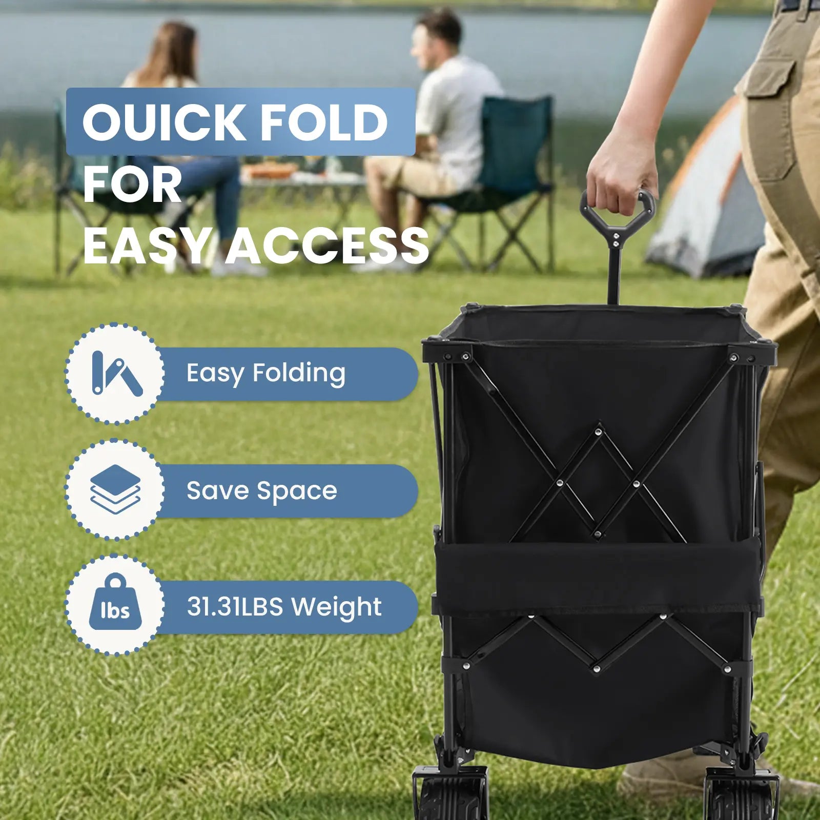 Sweetcrispy 320L Outdoor Folding Double-Decker Wagon with Brakes, 440 Lbs Capacity, Flexible Handle, All-Terrain Big Wheels, Compact Pack & Foldable Size for Grocery, Camping