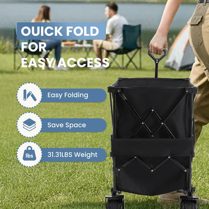 Sweetcrispy 320L Outdoor Folding Double-Decker Wagon with Brakes, 440 Lbs Capacity, Flexible Handle, All-Terrain Big Wheels, Compact Pack & Foldable Size for Grocery, Camping