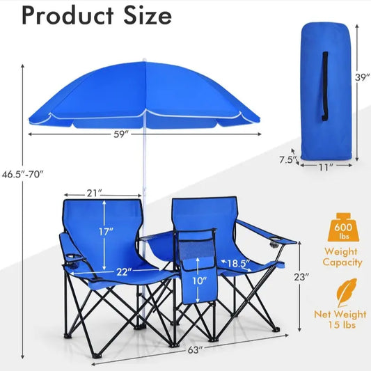 COSTWAY Double Portable Picnic Chairs, Folding Camping Chairs W/Detachable Umbrella, Cooler Bag, Cup Holders, Patio Beach Camping Chairs for Outdoors Football Baseball Season
