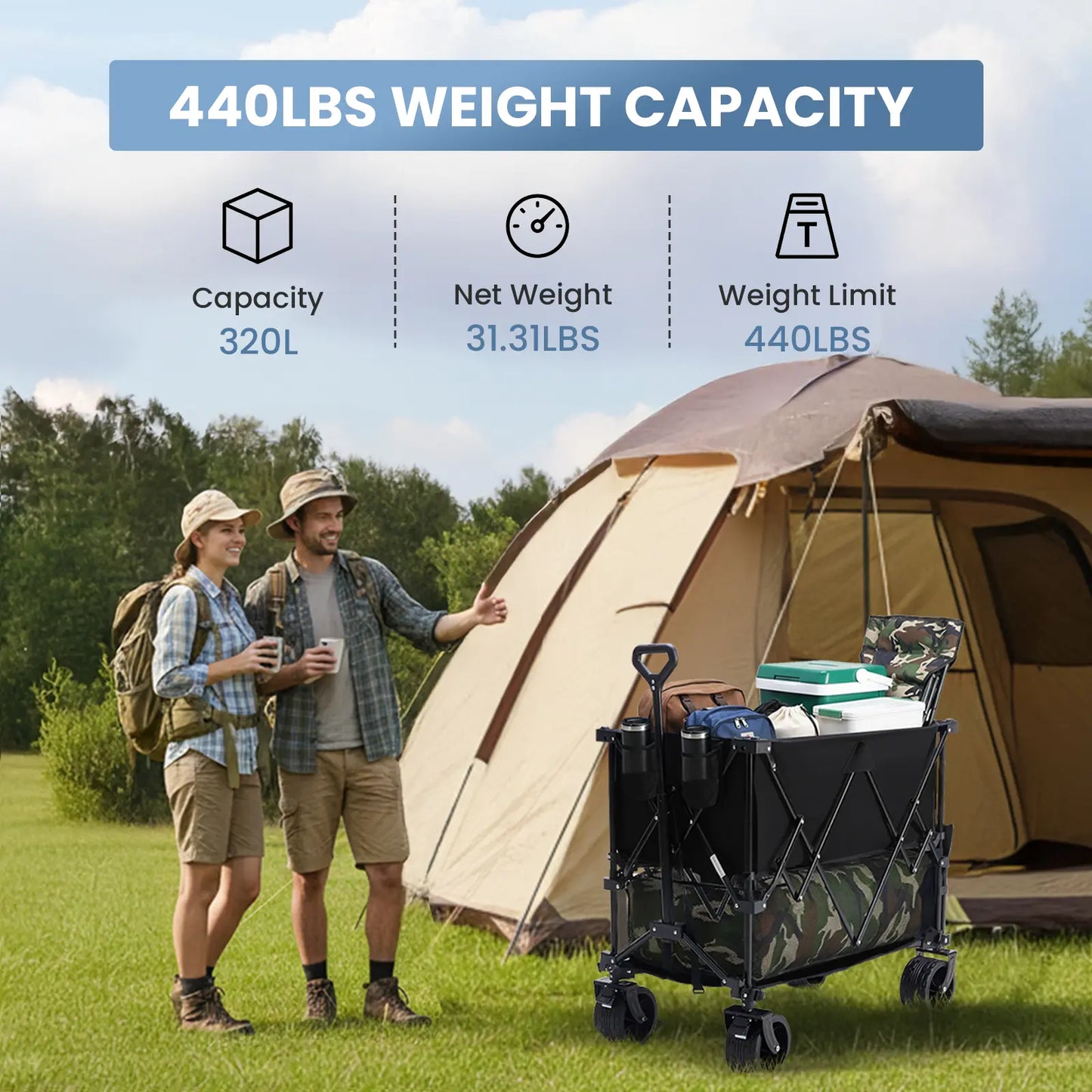 Sweetcrispy 320L Outdoor Folding Double-Decker Wagon with Brakes, 440 Lbs Capacity, Flexible Handle, All-Terrain Big Wheels, Compact Pack & Foldable Size for Grocery, Camping