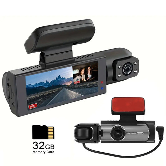 Front & inside Dashcams for Cars, Front Rear Dashcam, Car Dashboard Camera, Video Dashcam, Cardashcam with 32GB Card, Wide Angle Driving Recorder with IR Night Vision, 3.16 Inch IPS Screen HD Camera with Dual Lens, (Non-Rechargeable; Plug-In Use)