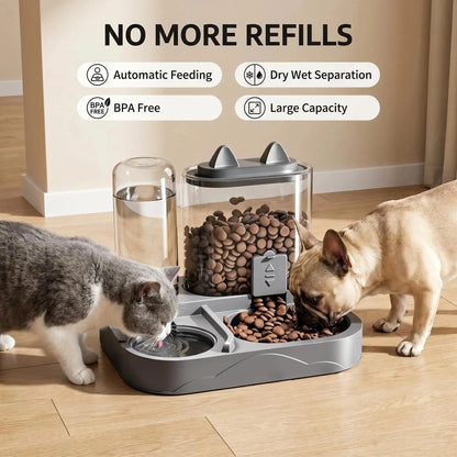 2-In-1 Automatic Cat Feeder and Water Dispenser, Gravity Pet Feeding Station, BPA Free, Dry Wet Separation, Auto Dog Water Bowl for Indoor Cats Dogs, Travel Friendly