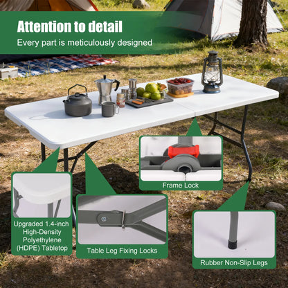 FWTI DEAL 6 Feet Foldable Table (6Ft Folding Table & Tablecloth Set: ZB-6FT), Built in Carrying Handle & Alloy Steel Legs, Heavy Duty Portable for Party, Dining, Wedding, Events, Picnic, Indoor, Outdoor, Camping, Utility - White