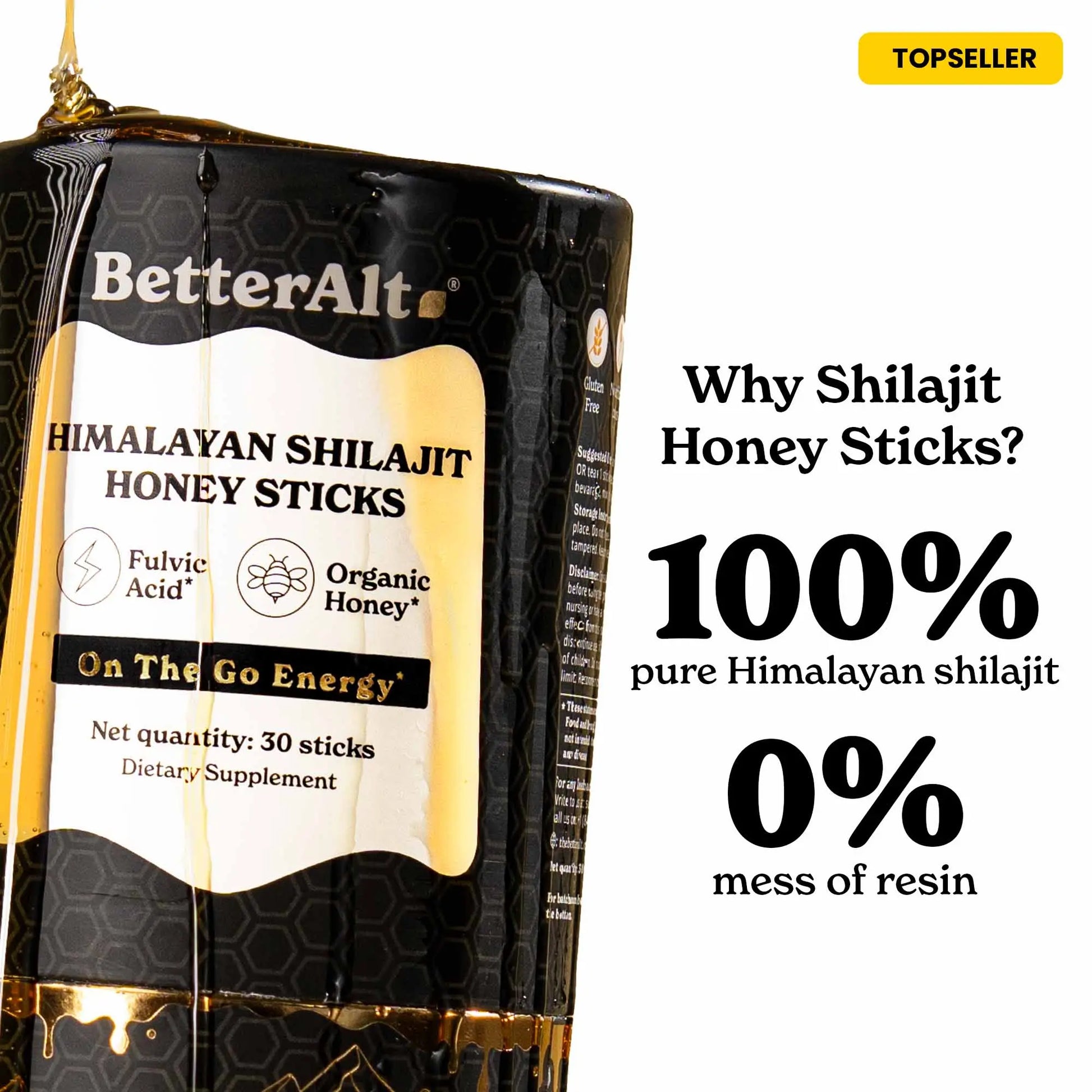 Betteralt GOLD+ Shilajit Honey Sticks | Lab-Tested for Purity | Shilajit, Honey & Saffron | 85 Minerals & 75% Fulvic Acid for Energy & Stamina | 30N
