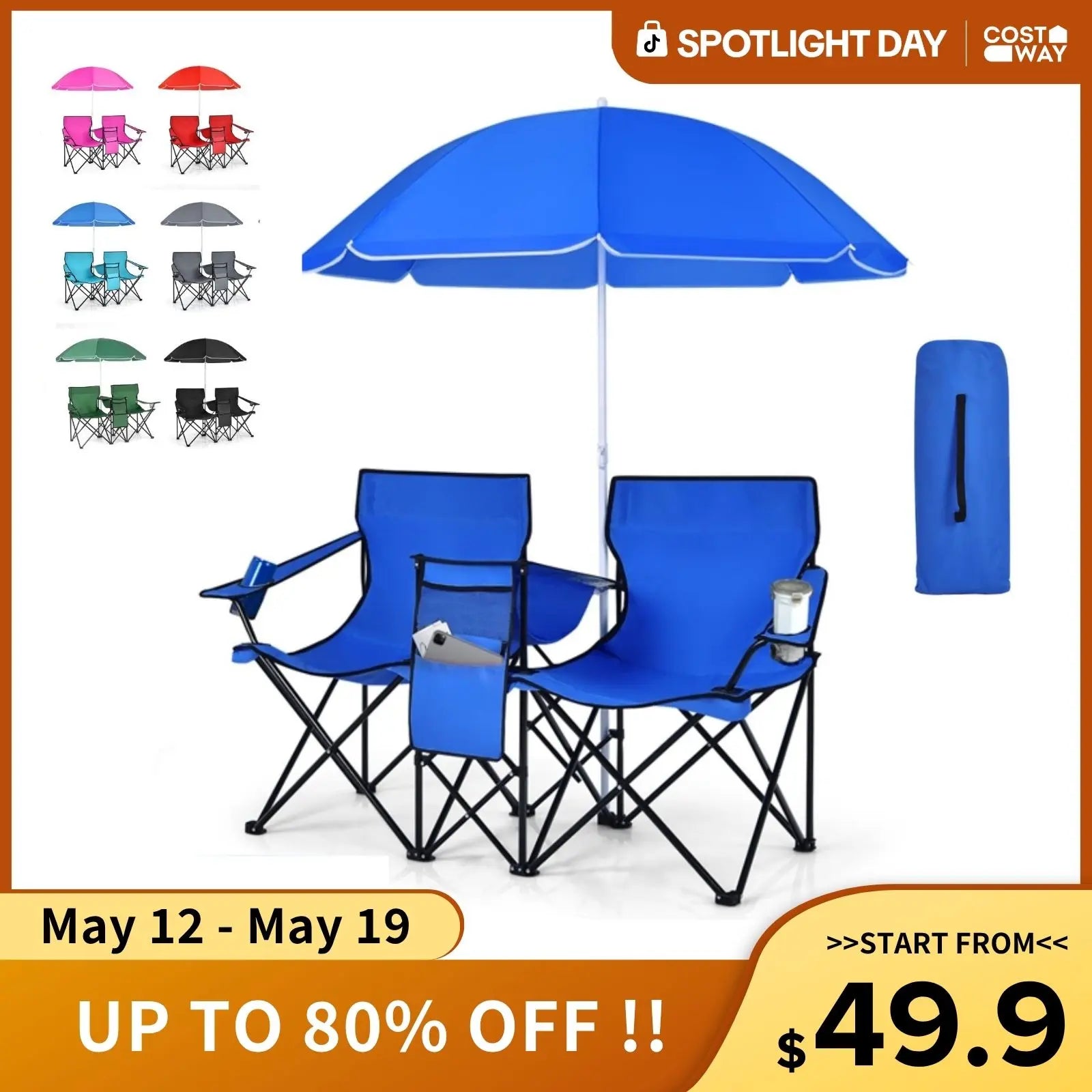 COSTWAY Double Portable Picnic Chairs, Folding Camping Chairs W/Detachable Umbrella, Cooler Bag, Cup Holders, Patio Beach Camping Chairs for Outdoors Football Baseball Season