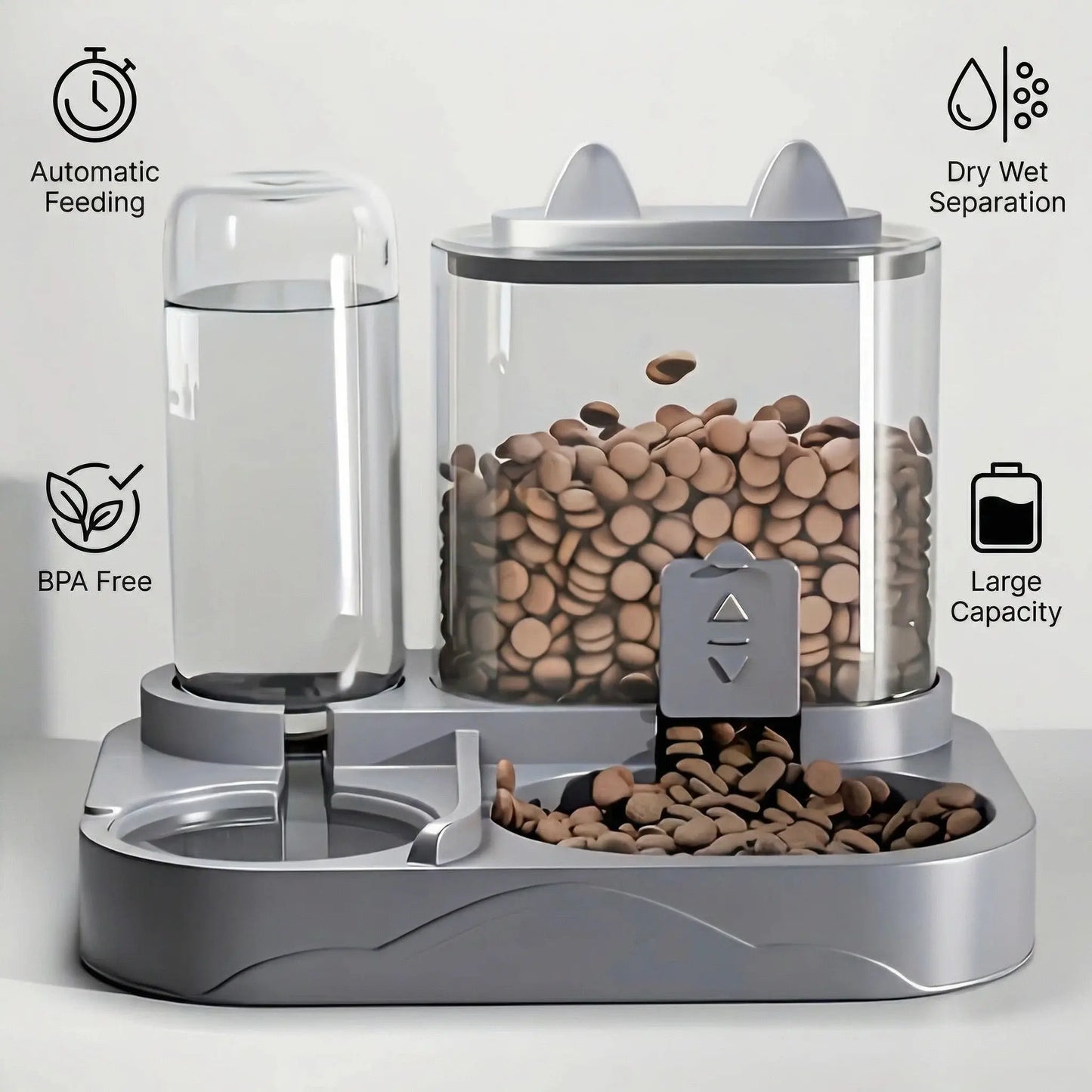 2-In-1 Automatic Cat Feeder and Water Dispenser, Gravity Pet Feeding Station, BPA Free, Dry Wet Separation, Auto Dog Water Bowl for Indoor Cats Dogs, Travel Friendly