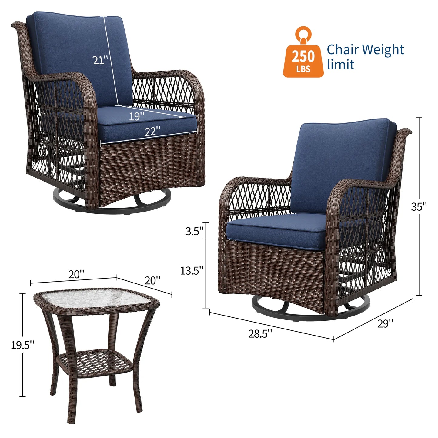 Swivel Patio Furniture Set, 3 Piece Patio Set of 2 with 2-Tier Tempered Glass Top Side Table, Outdoor Wicker Bistro Set for Porch, Balcony, Backyard