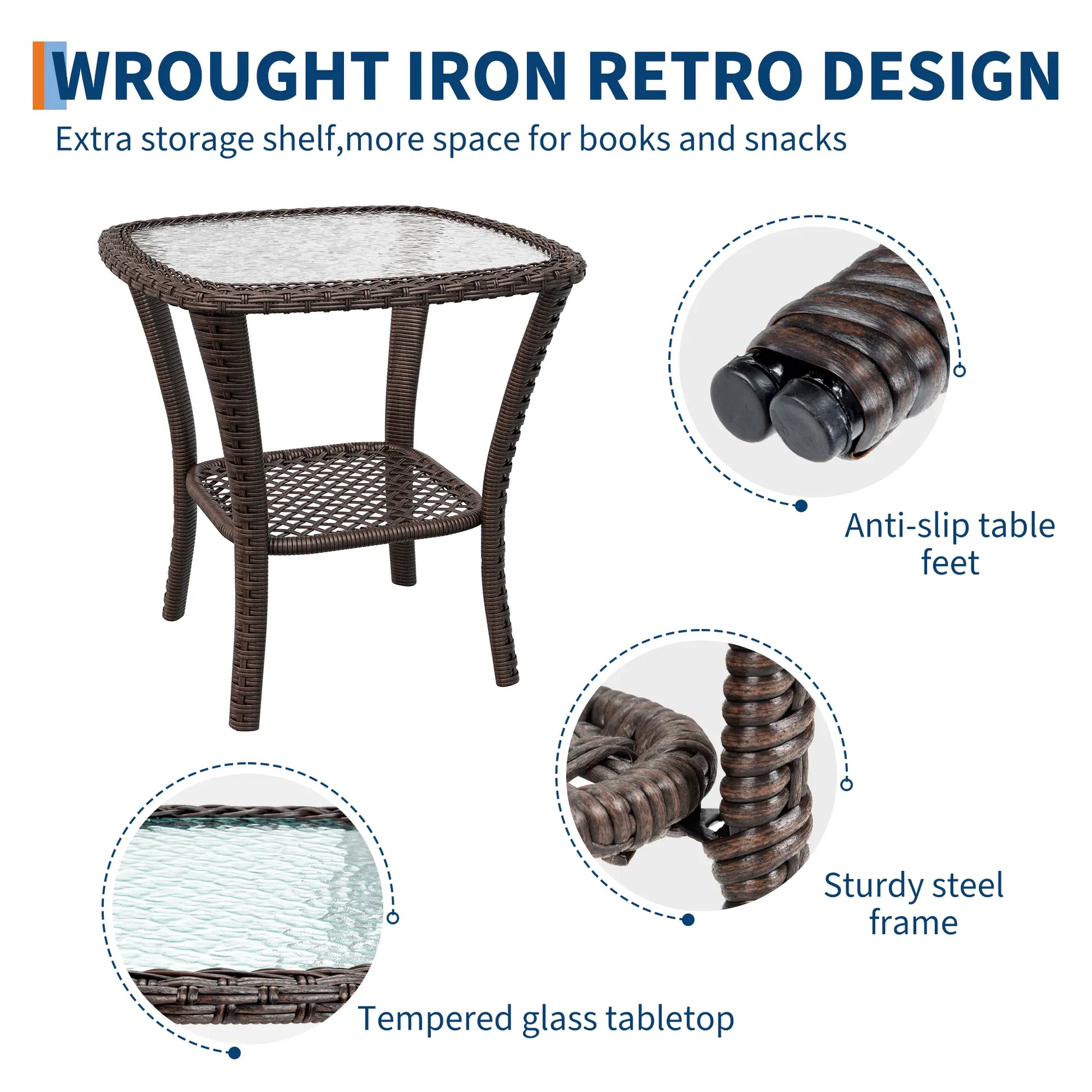 Swivel Patio Furniture Set, 3 Piece Patio Set of 2 with 2-Tier Tempered Glass Top Side Table, Outdoor Wicker Bistro Set for Porch, Balcony, Backyard